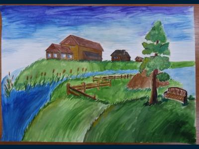 Картина. Автор: Селецкий Макар. Техника: акварель. Класс: 1 Родина моя реки и поля