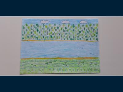 Картина. Автор: Воробьева Алиса. Техника: карандаш. Класс: 1 Павловское водохранилище