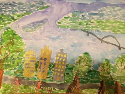 Картина. Автор: Миргалеева Алина. Техника: акварель. Класс: 1 Набережная реки Белой