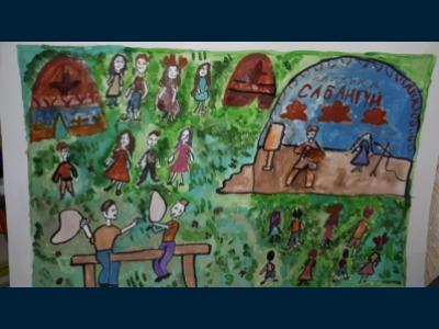 Картина. Автор: Даниева Алия. Техника: смешанная техника. Класс: 1 Народный праздник " Сабантуй"
