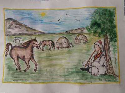 Картина. Автор: Багманов Эмиль. Техника: акварель. Класс: 2 Родина моя, реки и поля!