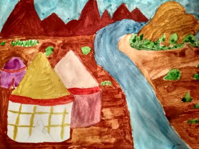 Картина. Автор: Хабирова Зарина. Техника: акварель. Класс: 2 У реки