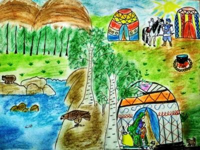 Картина. Автор: Хасанова Лиана. Техника: восковые мелки. Класс: 2 "Здесь медовая земля. Жемчуг мой Башкортостан".