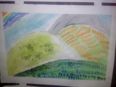 Картина. Автор: Нуриманов Азат. Техника: акварель. Класс: 3 "Овцы на просторе"