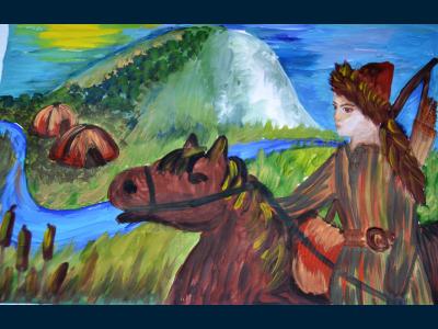 Картина. Автор: Бобырь Евгения. Техника: гуашь. Класс: 3 Кахым Туря - мой героический земляк