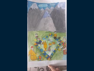 Картина. Автор: Камалетдинова Камилла. Техника: акварель. Класс: 3 Башкирская семья
