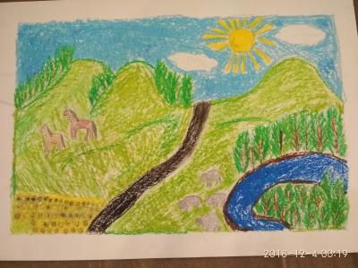 Картина. Автор: Гареев Тимерлан. Техника: пастель. Класс: 3 Родина моя, реки и поля