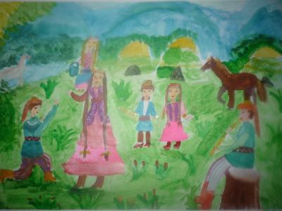 Картина. Автор: Якупова Диана. Техника: акварель. Класс: 3 Башкирская семья