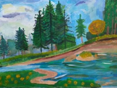 Картина. Автор: Насибуллина Залина Ильдаровна. Техника: гуашь. Класс: 4 Лесная речка