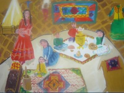 Картина. Автор: Гарифуллина Назгуль. Техника: гуашь. Класс: 4 Башкирская семья