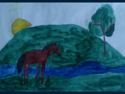 Картина. Автор: Латыпова Ралина. Техника: акварель. Класс: 5 "Родина моя, реки  и поля"