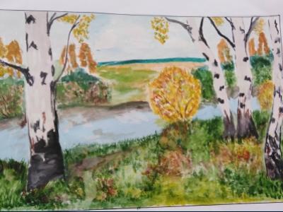 Картина. Автор: Ахияруллина Резеда. Техника: гуашь. Класс: 7 Родина моя,реки и поля