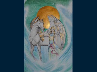 Картина. Автор: Кириллова Анастасия. Техника: смешанная техника. Класс: 8 Акбузат и Наркас в цветах флага Башкортостана