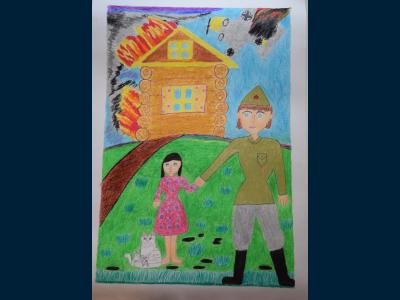 Картина. Автор: Мухаметшина Эльвина. Техника: смешанная техника. Класс: 1 "Героический подвиг советского солдата"