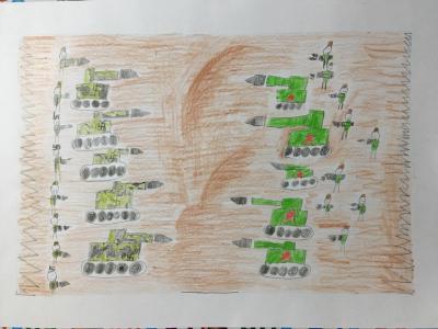 Картина. Автор: Набиев Артем. Техника: карандаш. Класс: 1 Победа будет за нами!