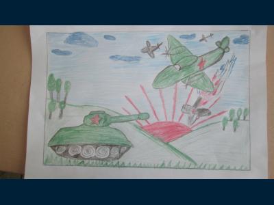 Картина. Автор: Кужахметов Батырхан. Техника: акварель. Класс: 1 Военная техника