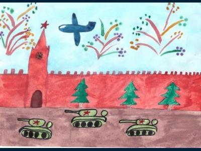 Картина. Автор: Буранбаев Алим. Техника: акварель. Класс: 1 Парад Победы на Красной площади