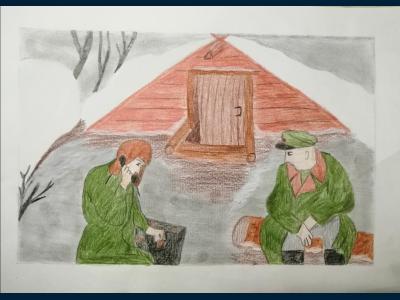 Картина. Автор: Емелева Елизавета Максимовна. Техника: карандаш. Класс: 1 Партизаны в тылу врага