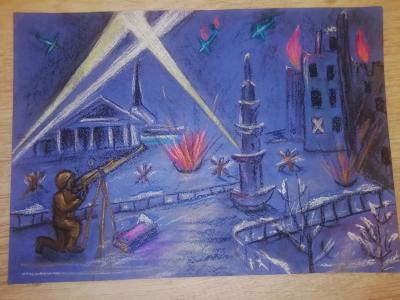 Картина. Автор: Куприянова Валерия. Техника: пастель. Класс: 2 Битва за Ленинград