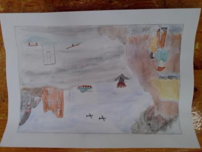 Картина. Автор: Байдимирова Мария Эдуардовна. Техника: акварель. Класс: 2 Конец войны