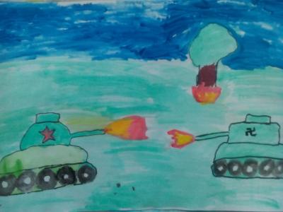 Картина. Автор: Ахмадуллина Нелли. Техника: акварель. Класс: 2 Дуэль танков