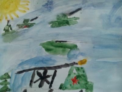 Картина. Автор: Егоров Дмитрий. Техника: акварель. Класс: 2 Катюша и танки в бою