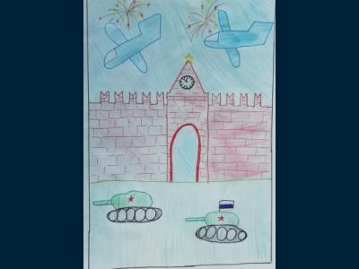 Картина. Автор: Гареева Милена. Техника: акварель. Класс: 2 Парад у Кремлевской площади
