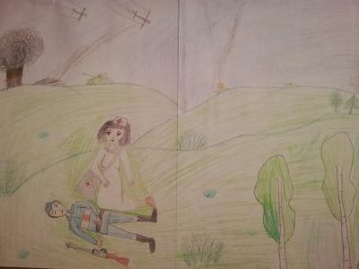Картина. Автор: Гизатуллина Диана Ришатовна. Техника: карандаш. Класс: 3 "Спасти солдата"
