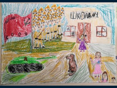 Картина. Автор: Есаулова Полина Антоновна. Техника: пастель. Класс: 3 Они вернулись с победой