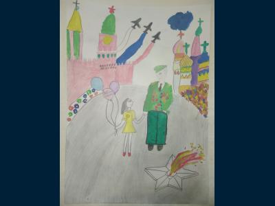 Картина. Автор: Ахметгалеева Самира Ильмировна. Техника: смешанная техника. Класс: 3 Мой дед Герой