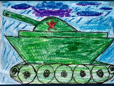 Картина. Автор: Ханов Амир. Техника: восковые мелки. Класс: 3 Танк Победы