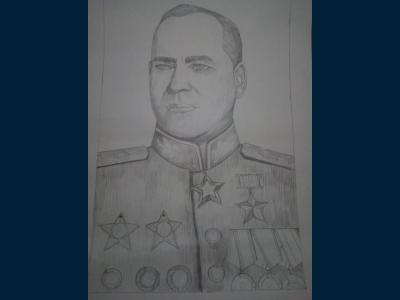 Картина. Автор: Ибрагимова Миляуша Эльвировна. Техника: карандаш. Класс: 3 Полководец Г. К. Жуков