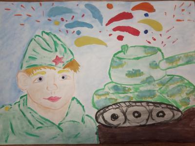 Картина. Автор: Шаяхметов Ансар. Техника: смешанная техника. Класс: 3 Вот он, День Победы!