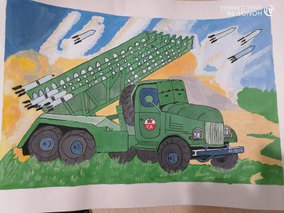 Картина. Автор: Самигуллина Камилла. Техника: гуашь. Класс: 3 Военная техника 1941-1945гг Катюша