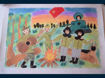 Картина. Автор: Мухаметшина Регина. Техника: смешанная техника. Класс: 4 "Ура! Победа! (9 мая 1945 года)"