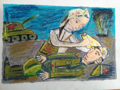 Картина. Автор: Абдуллина Лаура. Техника: пастель. Класс: 4 Женщины-герои Великой Отечественной войны.