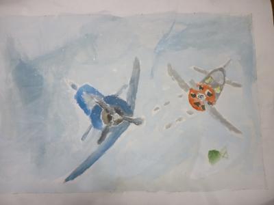 Картина. Автор: Гимадиев Айбулат. Техника: акварель. Класс: 5 Воздушный бой