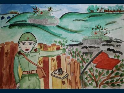 Картина. Автор: Капустина Анастасия Юрьевна. Техника: акварель. Класс: 5 "За Родину"(фрагмент боя)