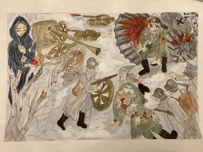 Картина. Автор: Михеева Мария. Техника: смешанная техника. Класс: 5 "За Родину" (фрагменты боя)
