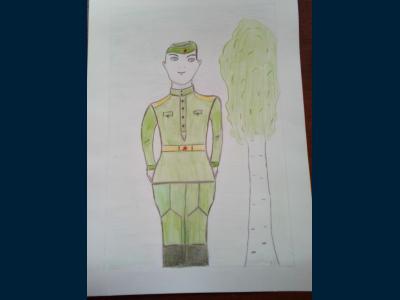 Картина. Автор: Мухаметкулова Айгуль. Техника: карандаш. Класс: 6 Солдат у березы