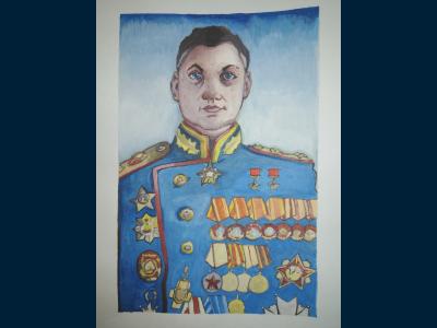 Картина. Автор: Юманова Софья. Техника: гуашь. Класс: 7 Герой Великой Отечественной Войны