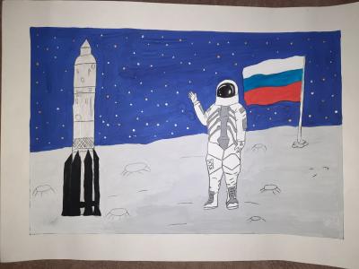 Картина. Автор: Сайфуллин Самир. Техника: гуашь. Класс: 1 Выход в космос.