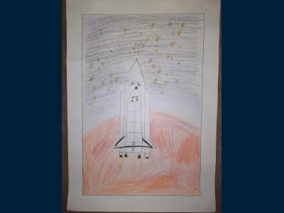 Картина. Автор: Хуснетдинов Тимур. Техника: карандаш. Класс: 1 Космический корабль