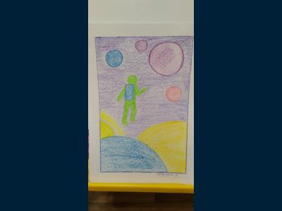 Картина. Автор: Аитова Амалия. Техника: восковые мелки. Класс: 1 Человек в космосе