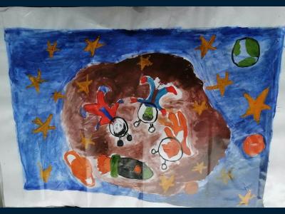 Картина. Автор: Шакиров Султан Ильгизович. Техника: гуашь. Класс: 1 Мой космический мир