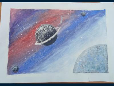 Картина. Автор: Хасанова Амелия. Техника: гуашь. Класс: 1 Космические дали