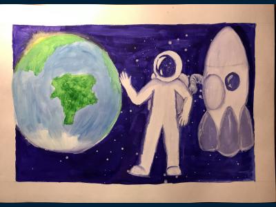 Картина. Автор: Хасанова Агния. Техника: смешанная техника. Класс: 1 Гагарин в космосе