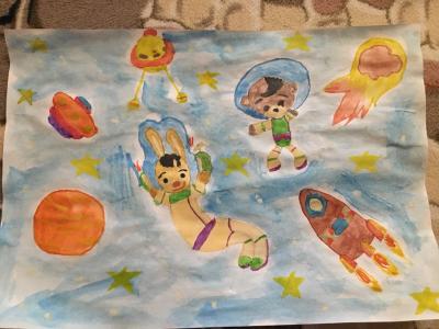 Картина. Автор: Канайкина Варвара. Техника: акварель. Класс: 1 Космические герои