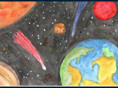 Картина. Автор: Чемишенко Даниил. Техника: акварель. Класс: 1 Я летаю над планетой