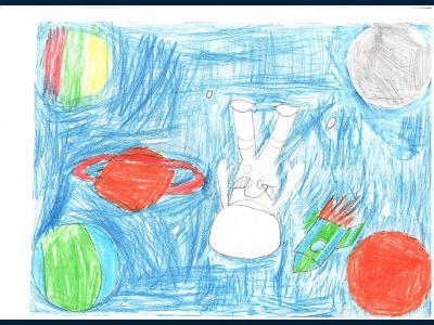 Картина. Автор: Байгильдин Алим. Техника: карандаш. Класс: 1 Я летаю над планетой